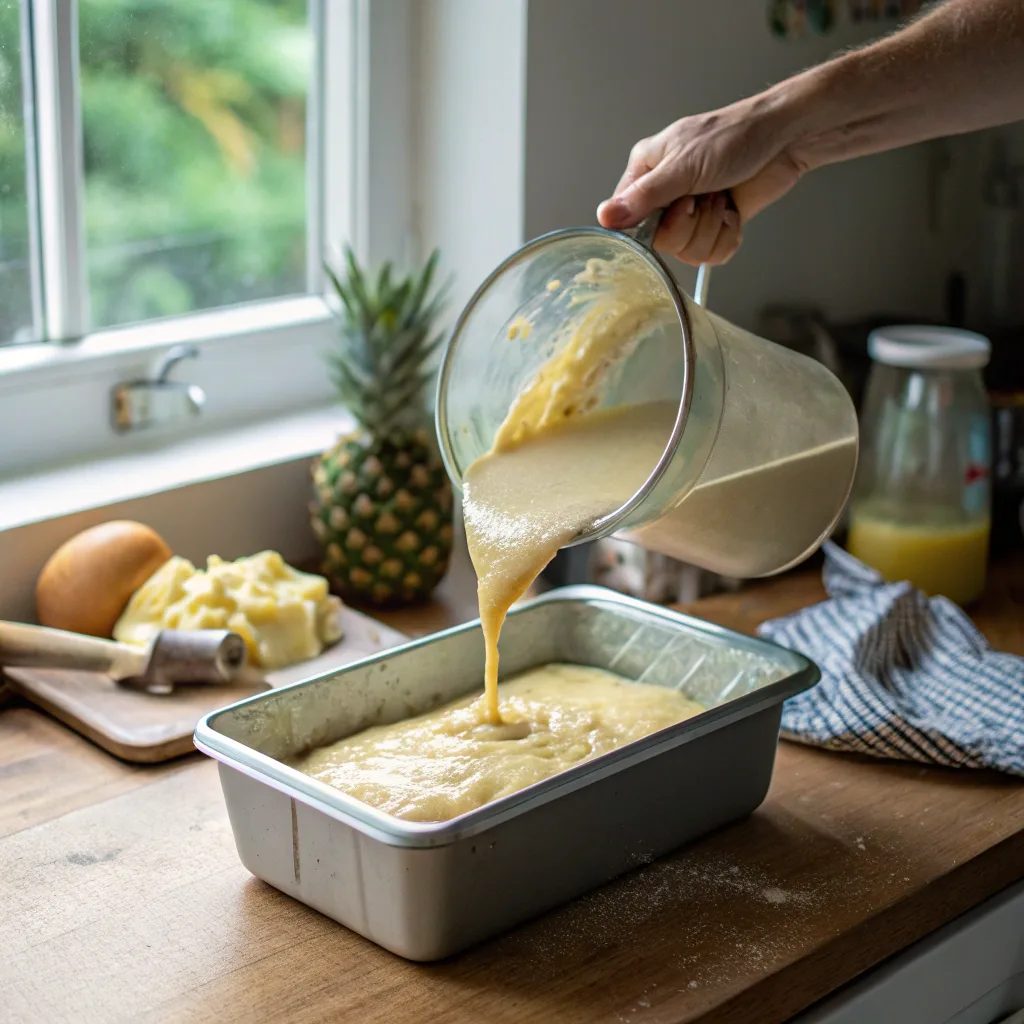 Pouring banana pineapple bread batter into loaf pan