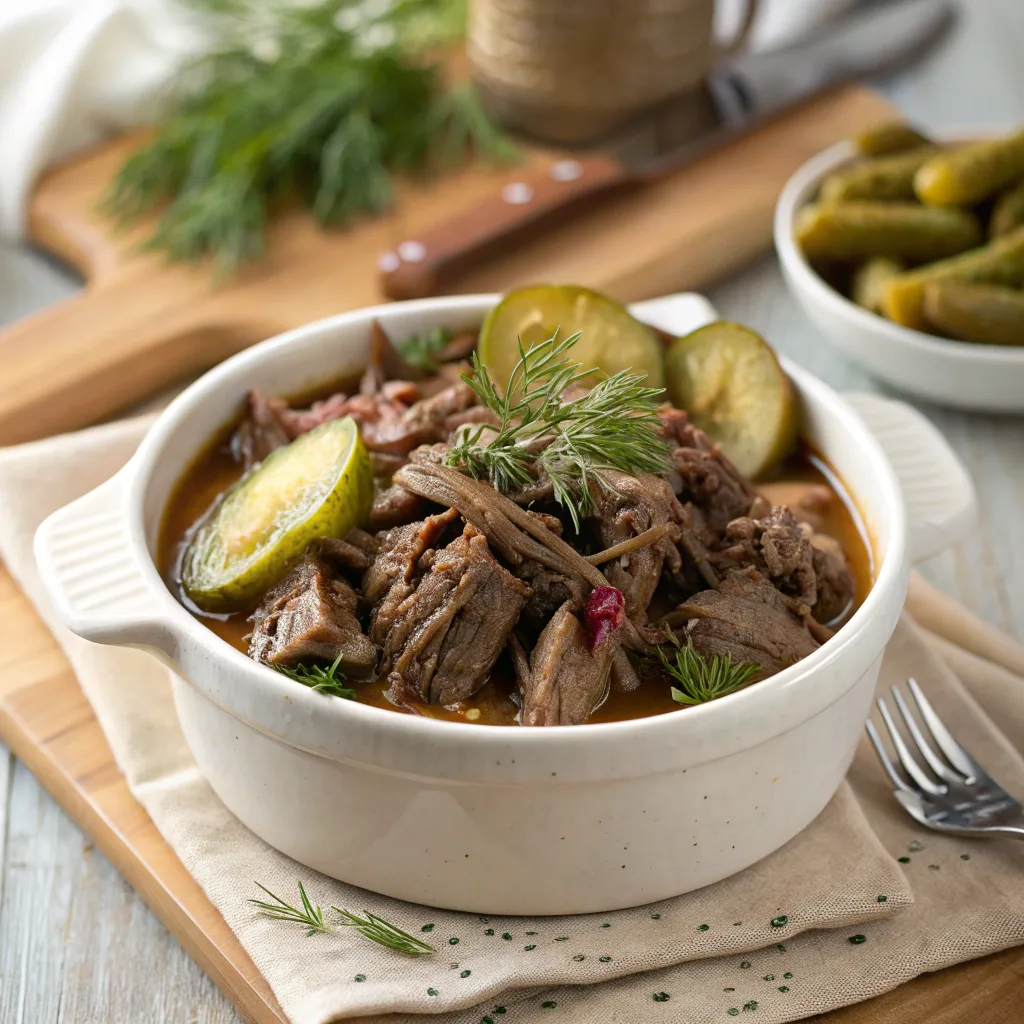 Slow Cooker Dilled Pot Roast in a rustic serving dish