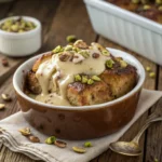 Banana bread pudding with pistachio butter sauce