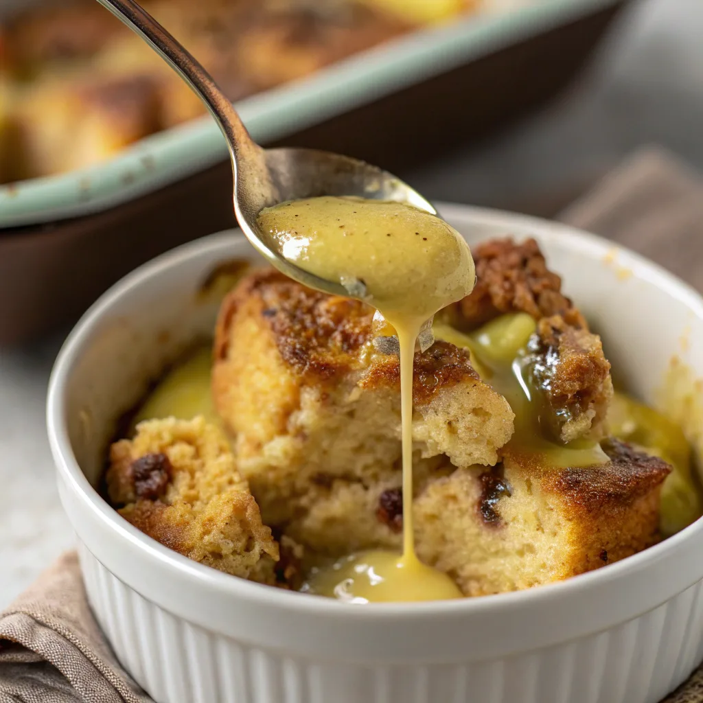 Spoonful of banana bread pudding with pistachio sauce