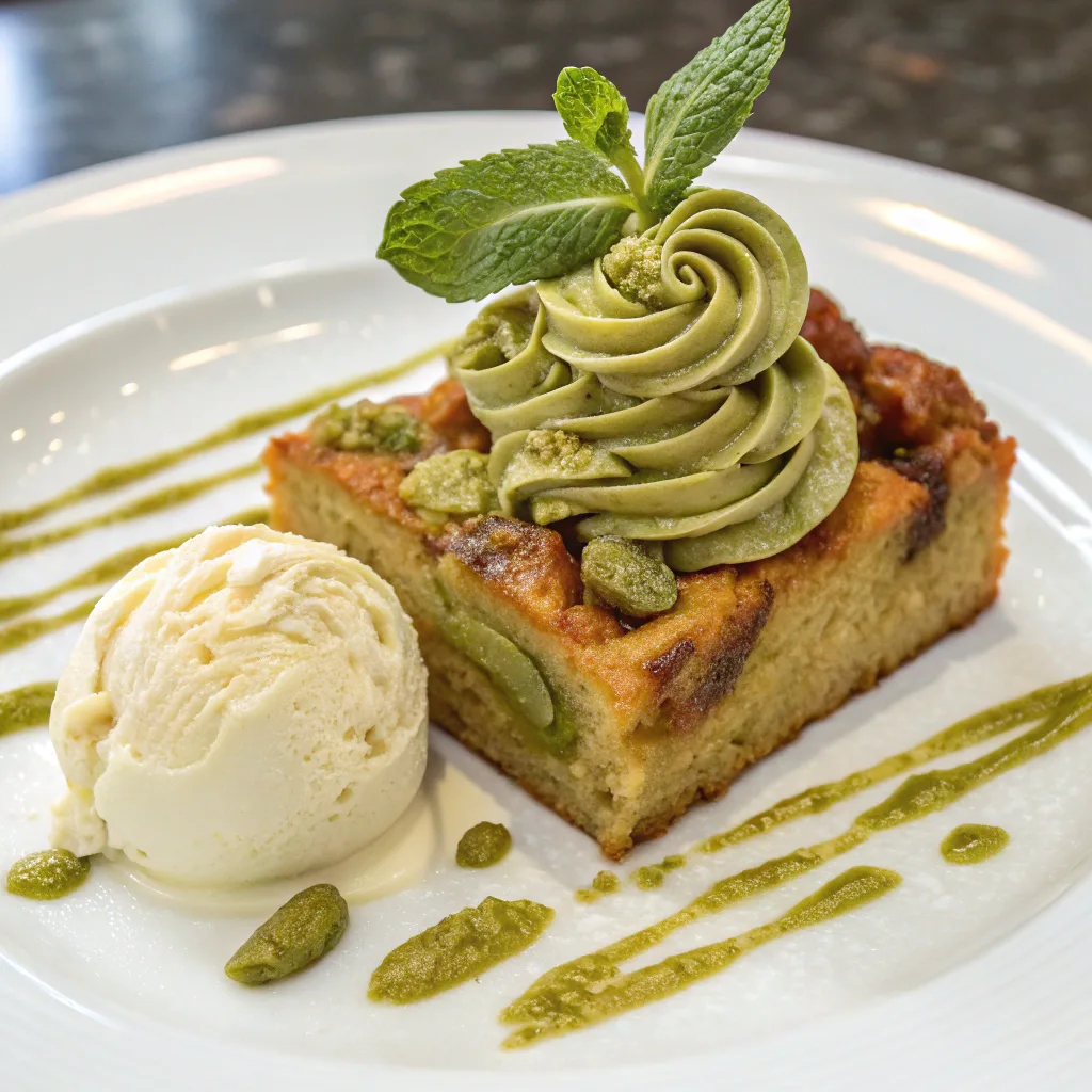 Banana dessert with pistachio sauce and ice cream	