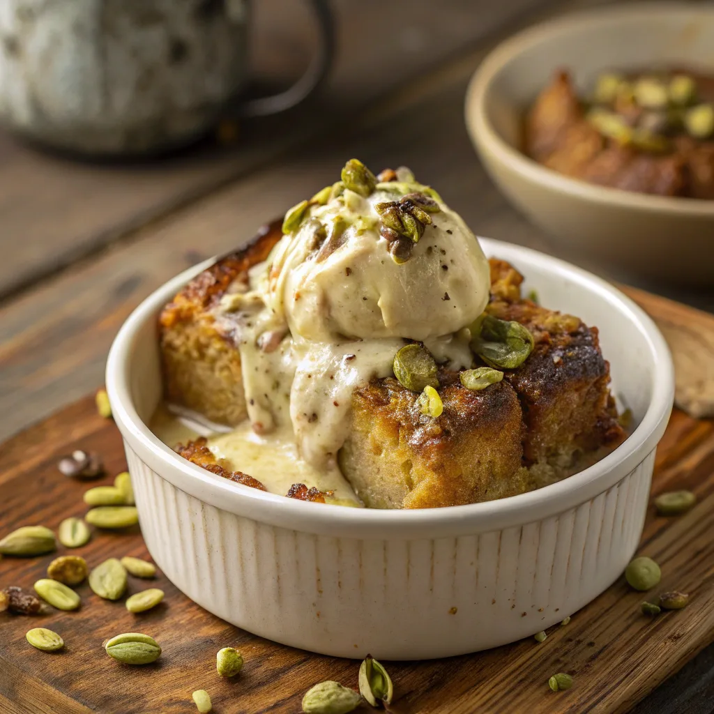 Banana bread pudding with pistachio butter sauce