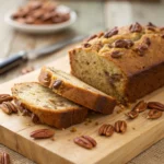 Moist banana pecan bread on wooden board
