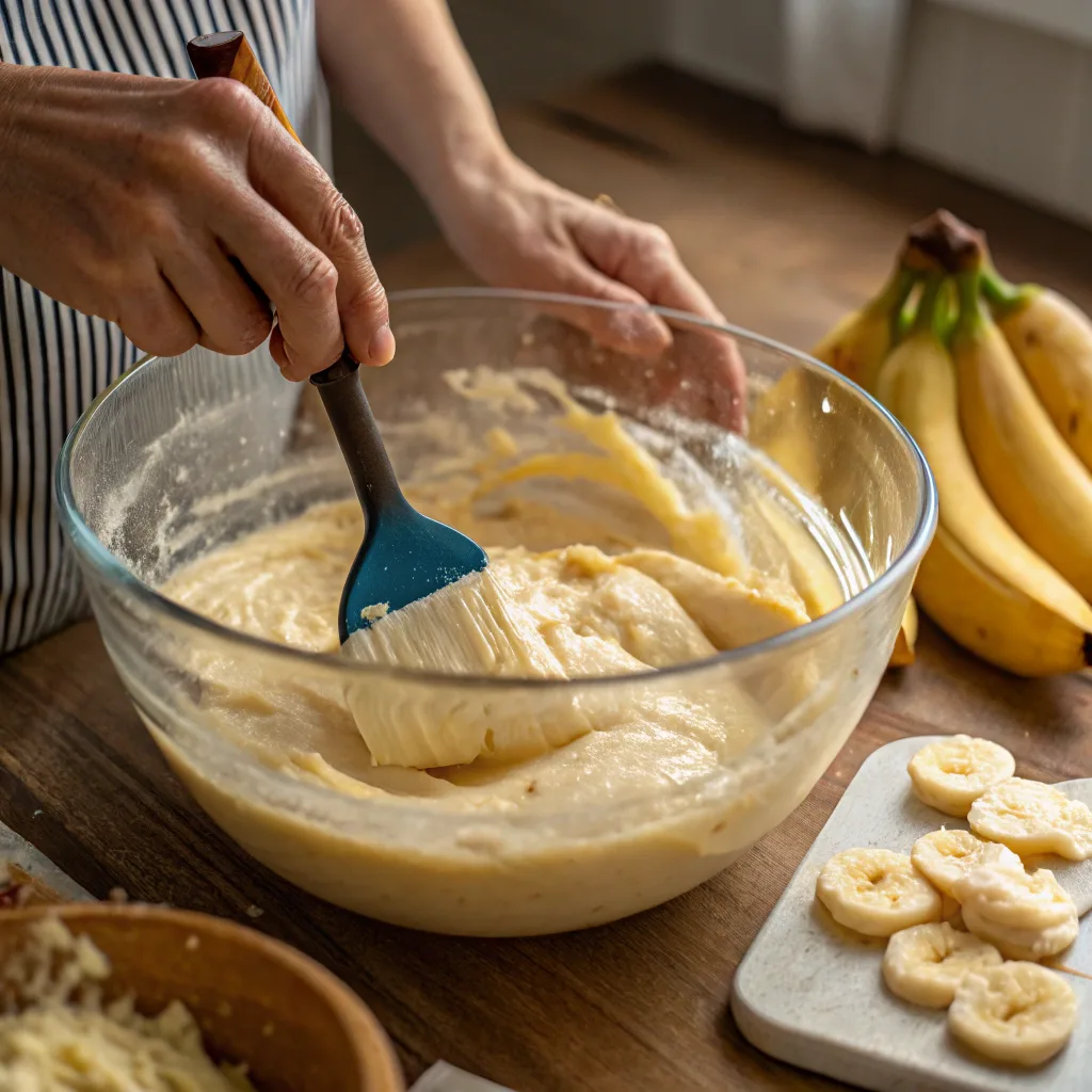 Folding bananas into banana pudding bundt cake batter