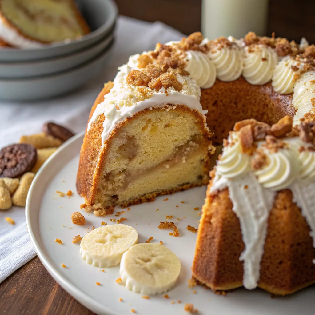 Banana pudding bundt cake with whipped cream