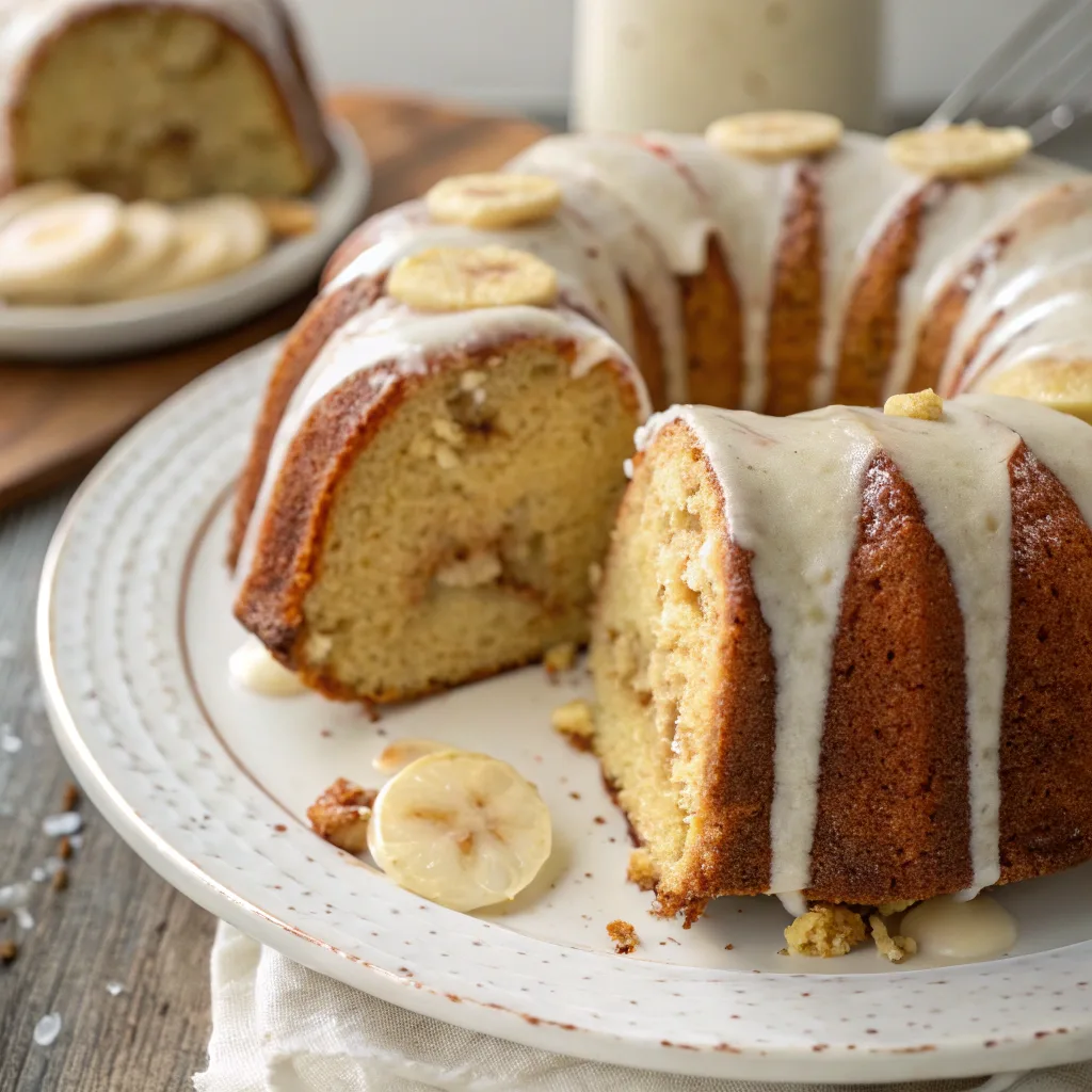 Moist Banana Pudding Bundt Cake sliced with glaze