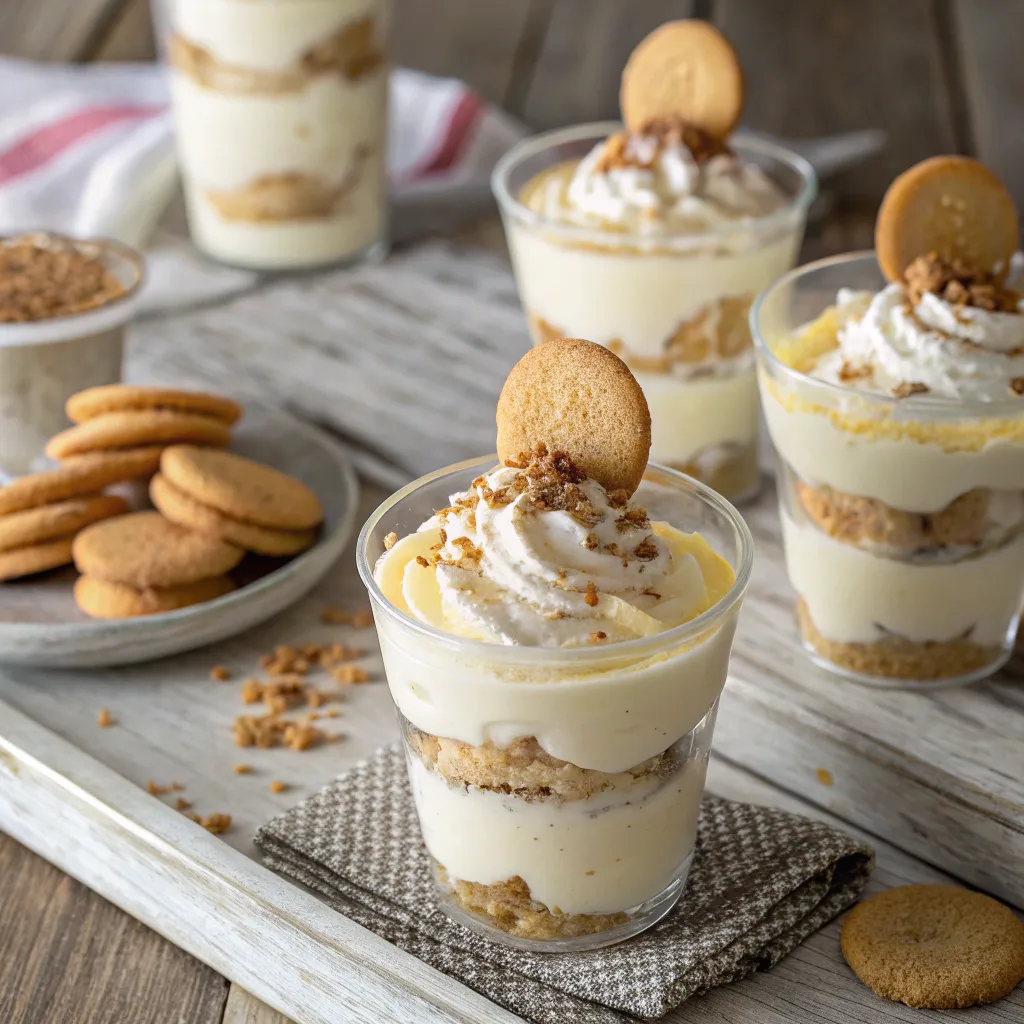 banana pudding cake cups in clear dessert cups