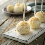 Moist banana pudding cake pops on a rustic table