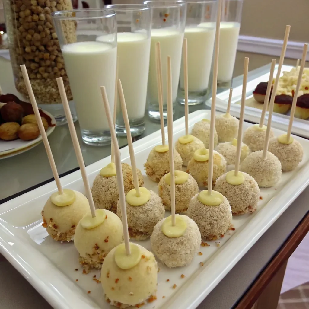 Banana pudding cake pops on a serving tray