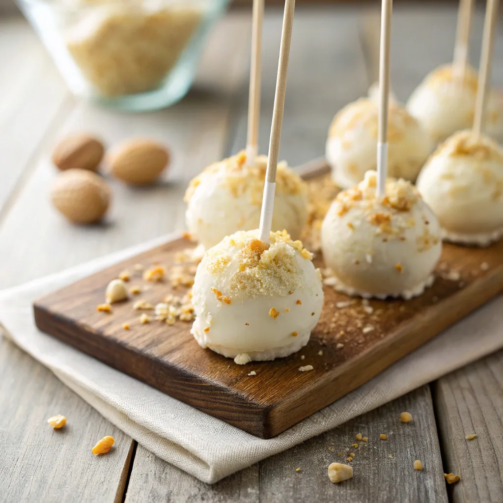 Moist banana pudding cake pops on a rustic table