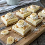 Banana pudding cheesecake bars sliced on wooden board