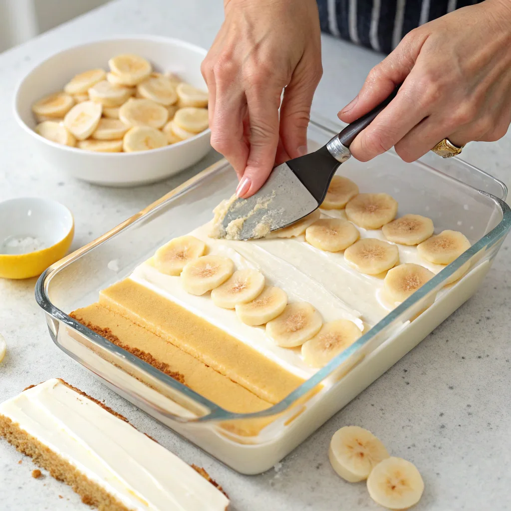  Layering cheesecake and banana pudding in a baking dish
