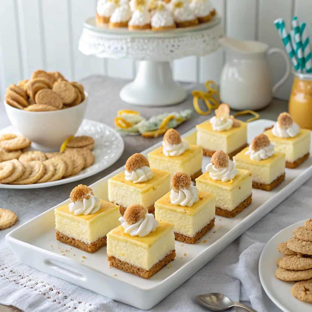 Banana pudding cheesecake bars styled for party