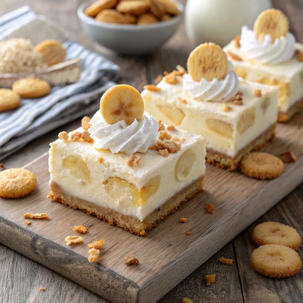 Banana pudding cheesecake bars sliced on wooden board