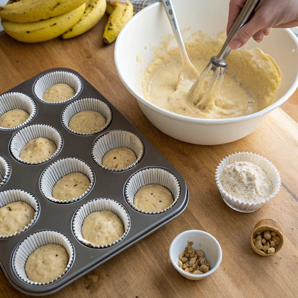 Pouring banana pudding cupcake batter into liners