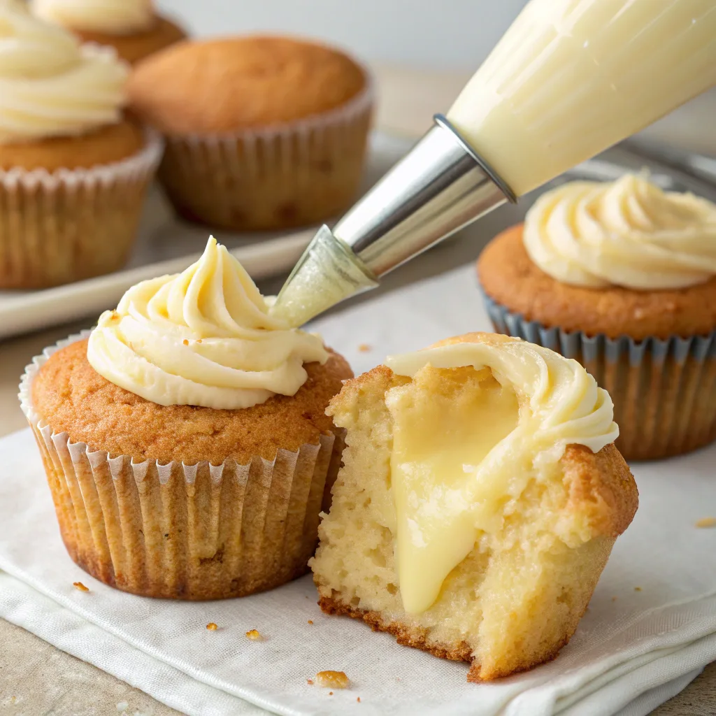 Filling banana cupcakes with vanilla pudding