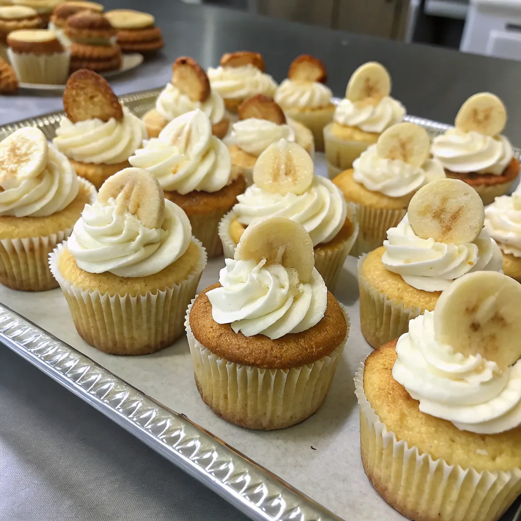 Mini banana pudding cupcakes on tray