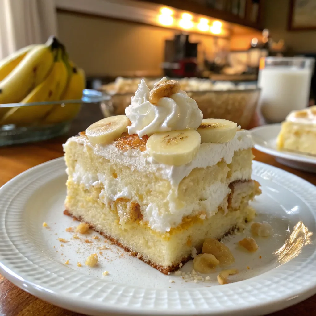 Banana pudding tres leches cake slice with banana topping