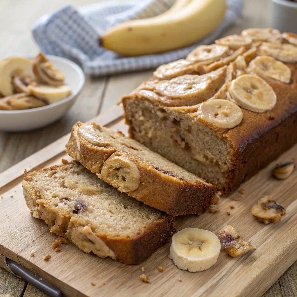 freshly baked banana and peanut butter bread with visible peanut butter swirl