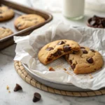 Banana bread cookies with chocolate chips, one bitten, on parchment-lined tray