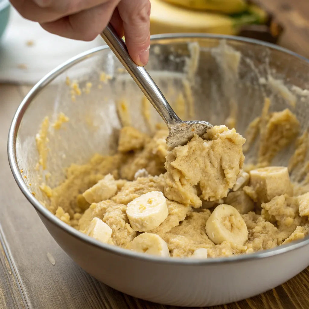 Banana cookie dough in mixing bowl