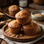 brown butter banana muffins stacked on plate