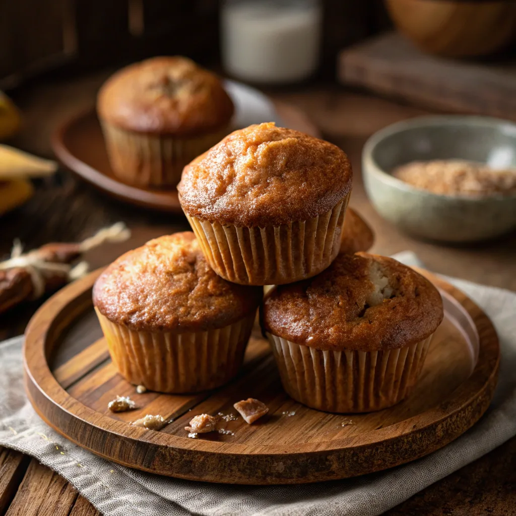 brown butter banana muffins stacked on plate