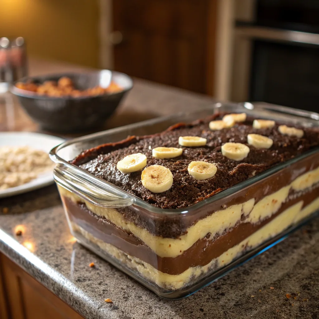 Assembling Chocolate Banana Pudding Cake in layers