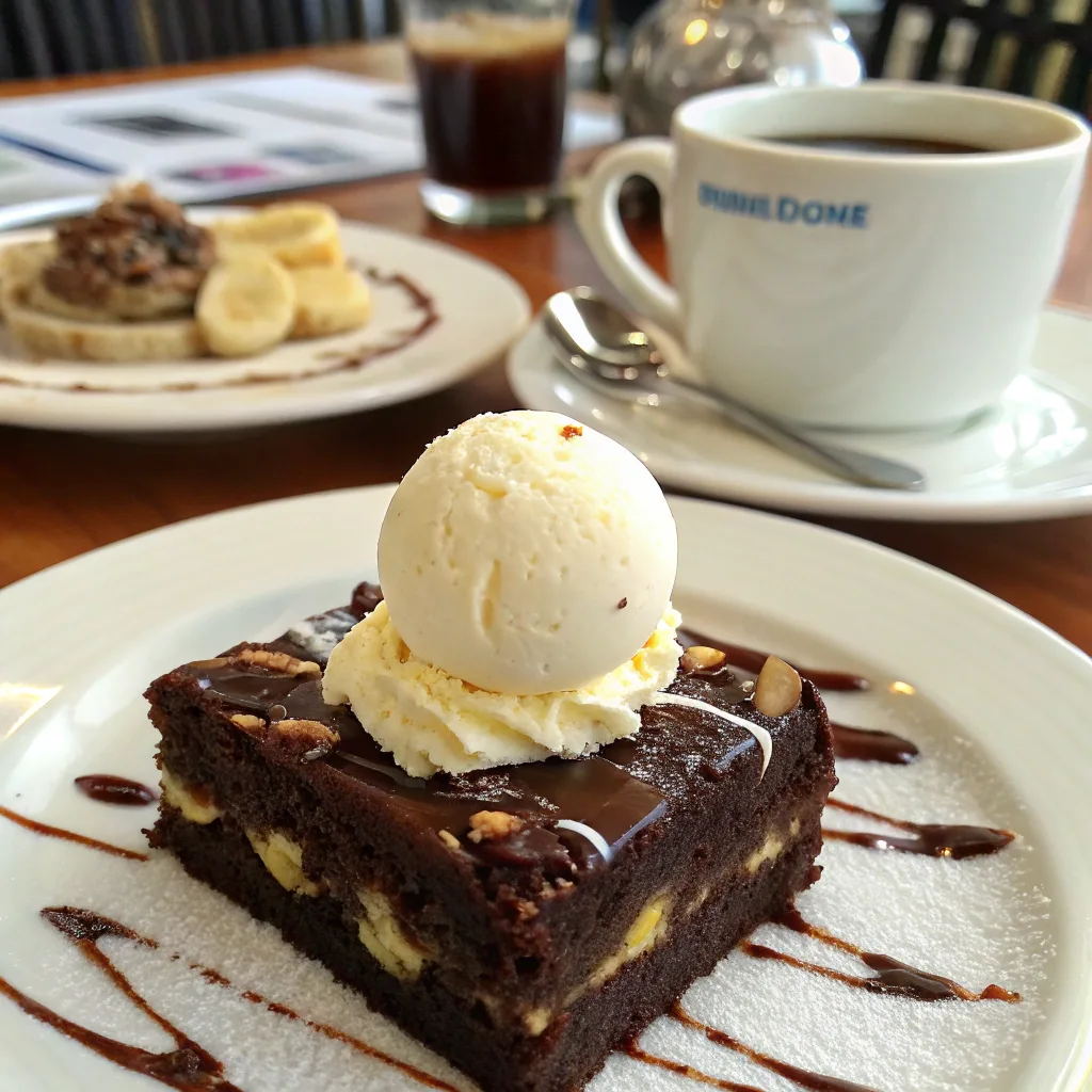 Slice of Chocolate Banana Pudding Cake with ice cream