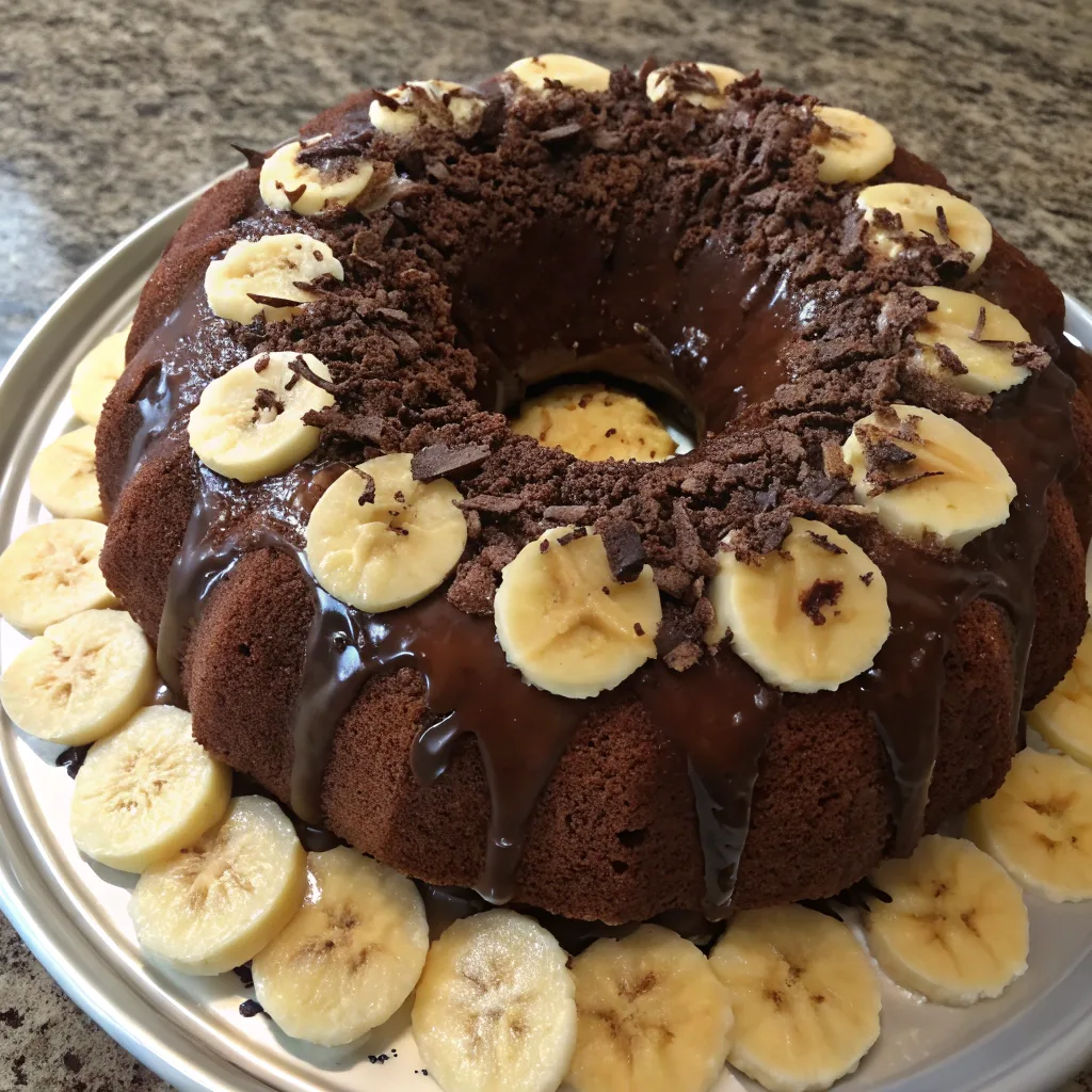 Chocolate Banana Pudding Cake with banana slices and chocolate