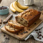Moist chocolate chip banana bread with gooey chocolate chips