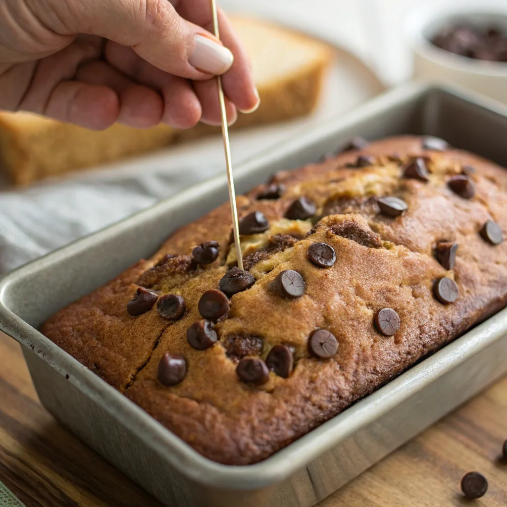 Toothpick test on chocolate chip banana bread