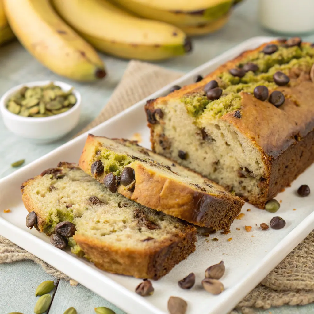 banana bread slice with chocolate and pistachio butter