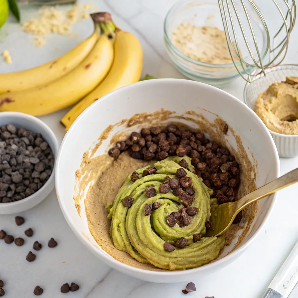 mixing banana bread batter with pistachio and chocolate