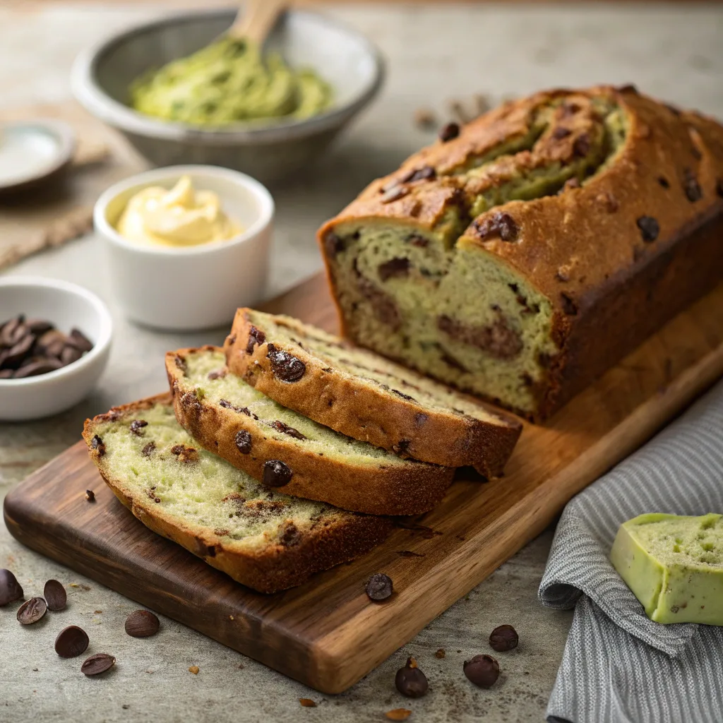 chocolate chip banana bread with pistachio butter