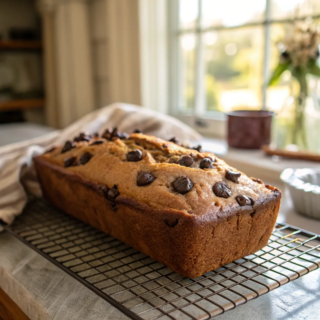Homemade chocolate chip banana bread with melted chocolate chips