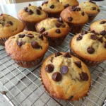 Freshly baked chocolate chip banana muffins on cooling rack