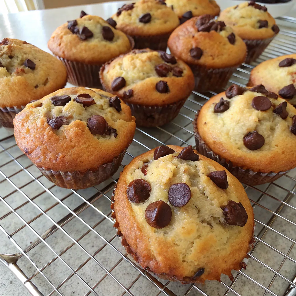 Freshly baked chocolate chip banana muffins on cooling rack