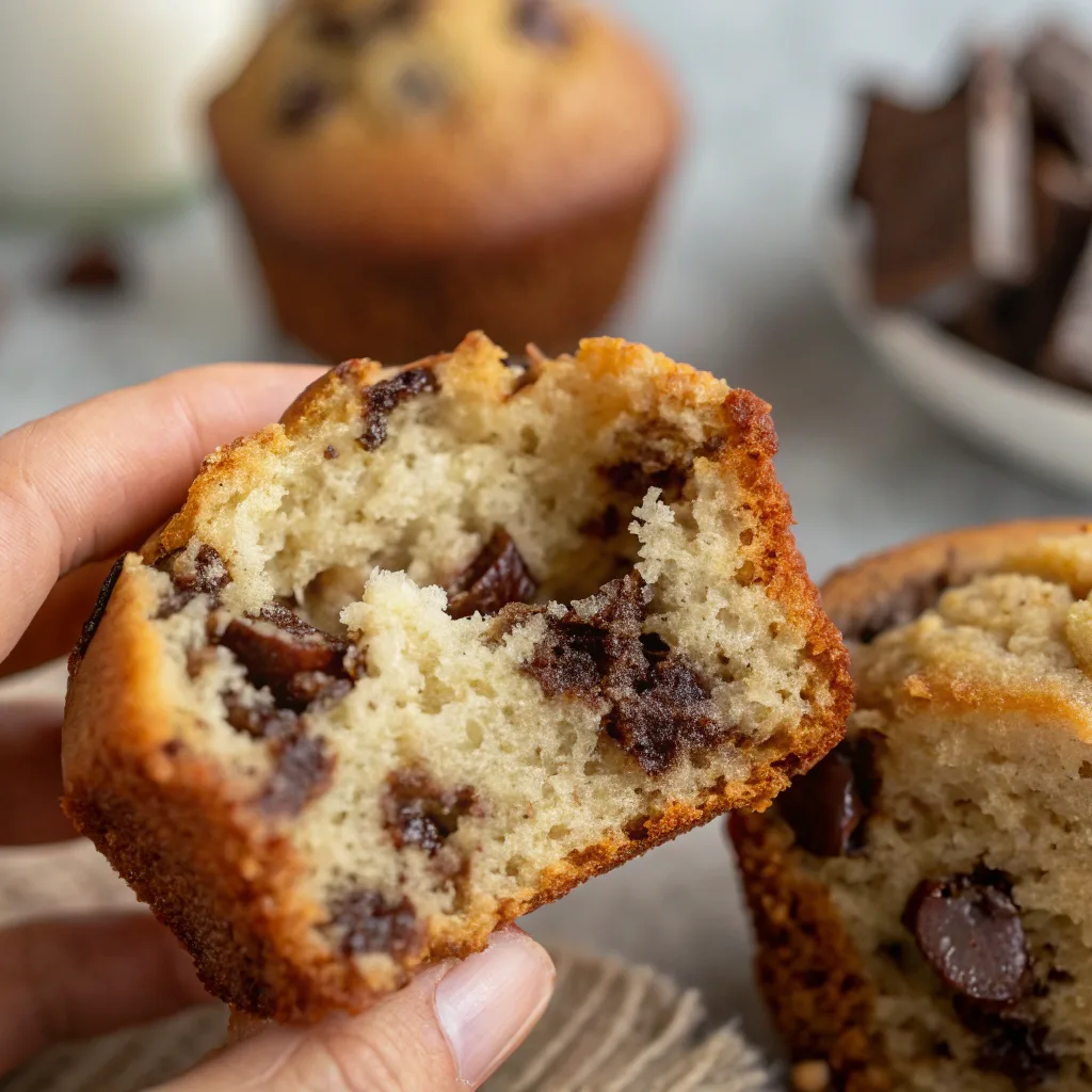 Moist inside texture of chocolate chip banana muffin