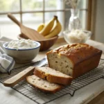sliced cottage cheese banana bread cooling on rack