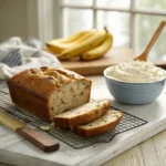 sliced cottage cheese banana bread cooling on rack