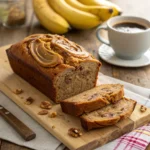 Close-up of sliced easy banana peanut butter bread on cutting board
