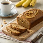 Close-up of sliced easy banana peanut butter bread on cutting board
