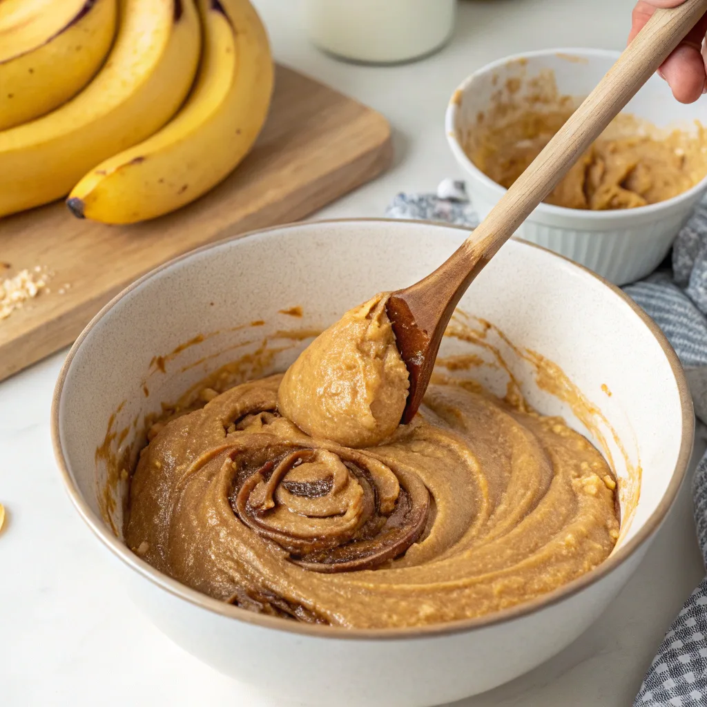 Mixing banana bread batter with peanut butter in one bowl