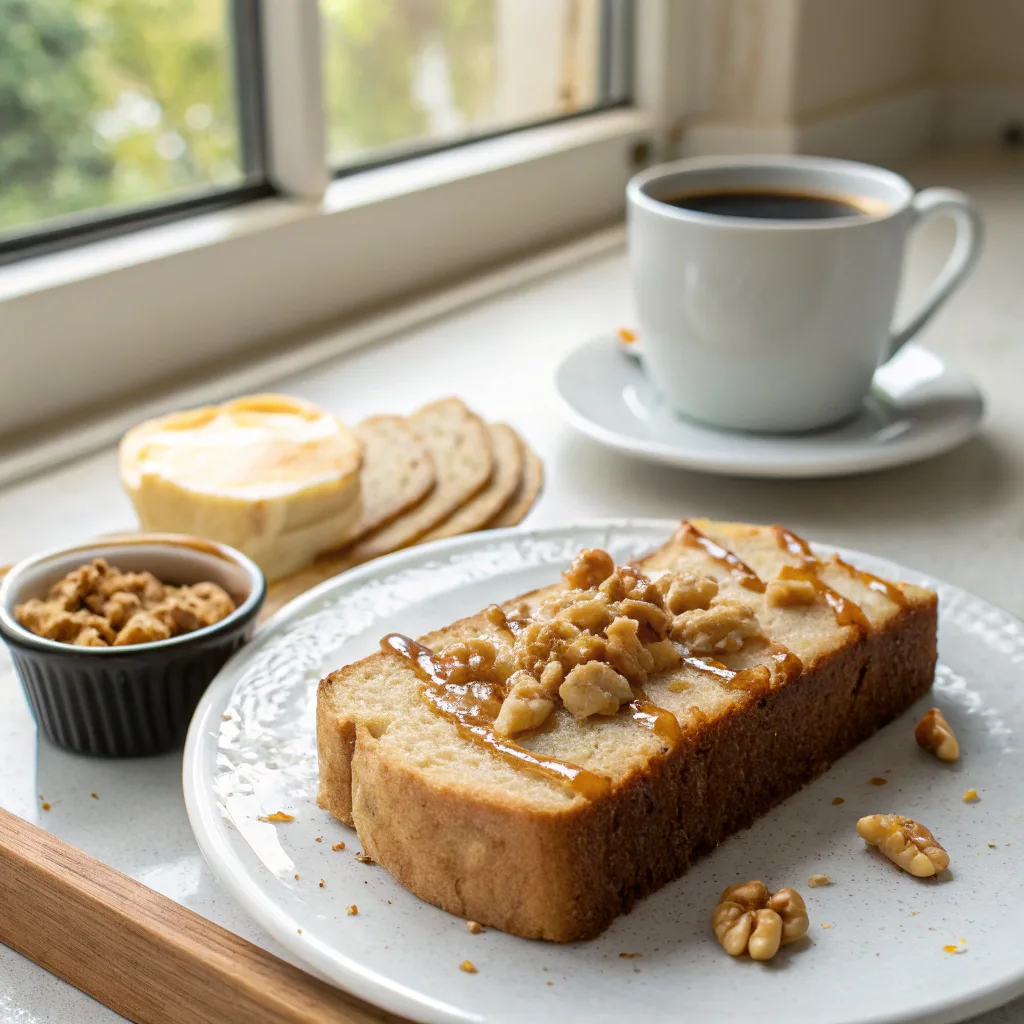 Toasted banana peanut butter bread slice with honey and coffee