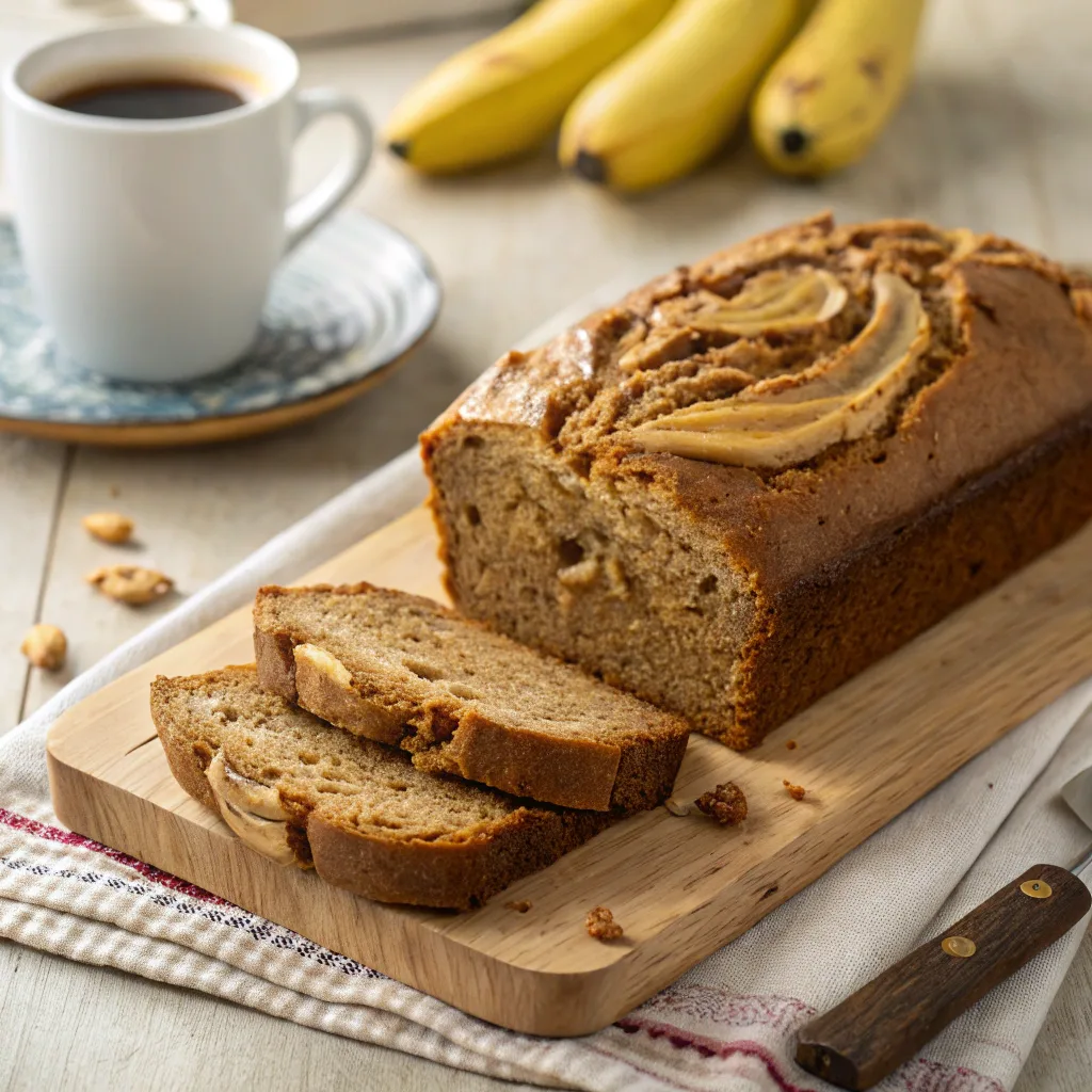 Close-up of sliced easy banana peanut butter bread on cutting board