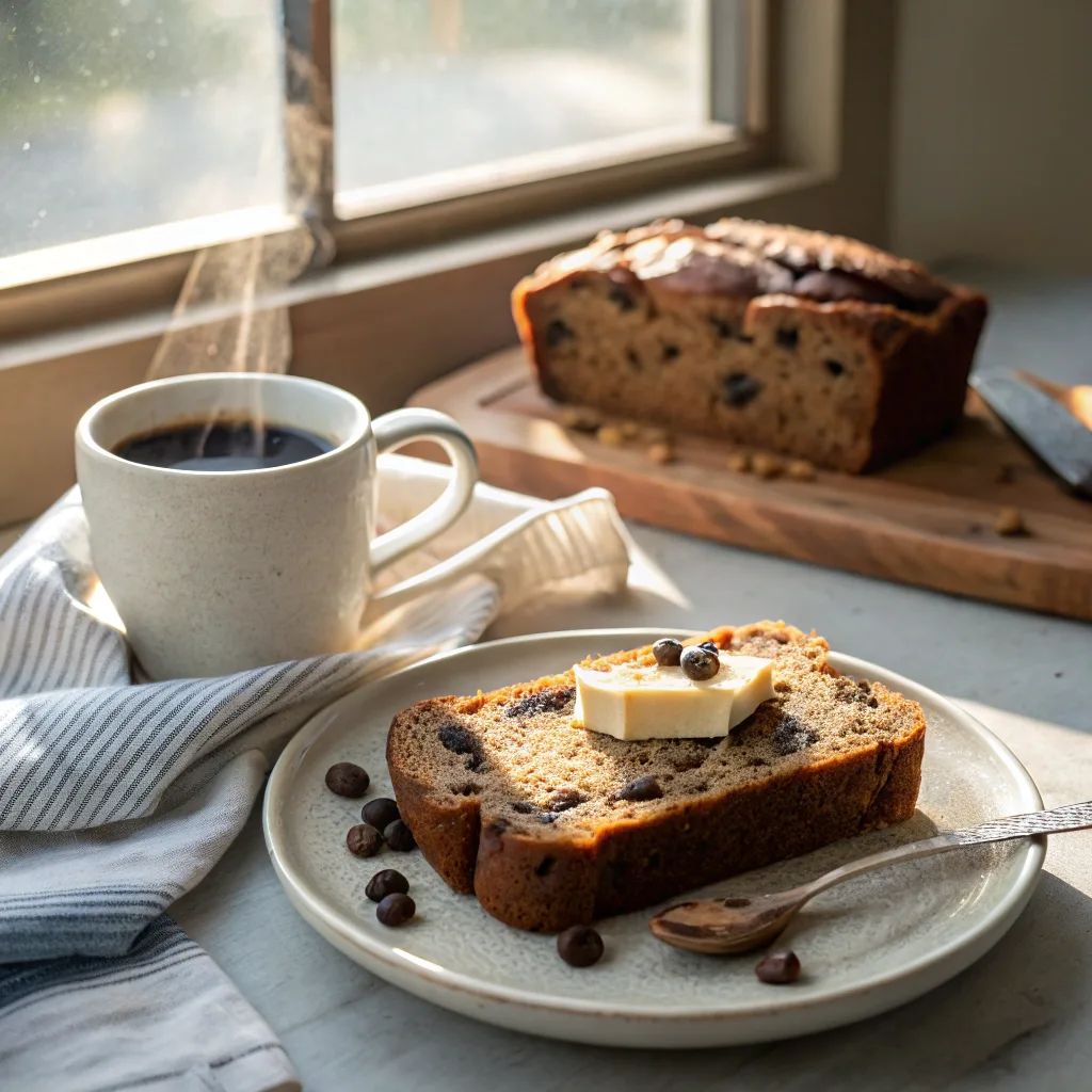 Slice of easy chocolate chip banana bread served with coffee and butter