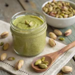 easy pistachio butter recipe in glass jar with pistachios