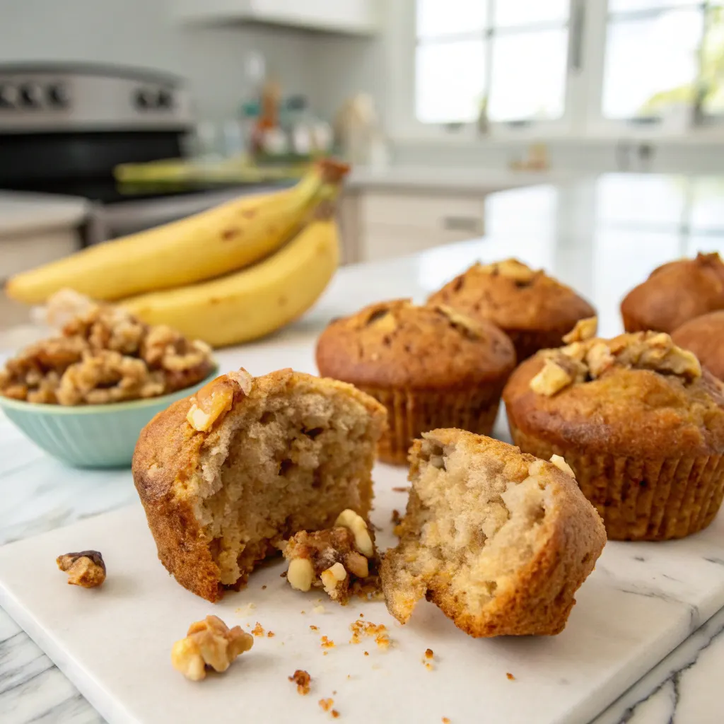 inside texture of moist gluten free banana nut bread muffins