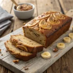 healthy peanut butter banana bread sliced on a rustic table